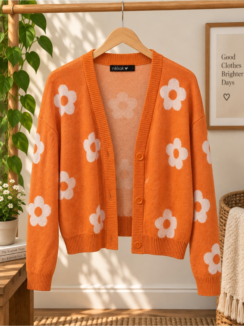 Nikka K Orange Floral Button Front Cardigan Sweater Large